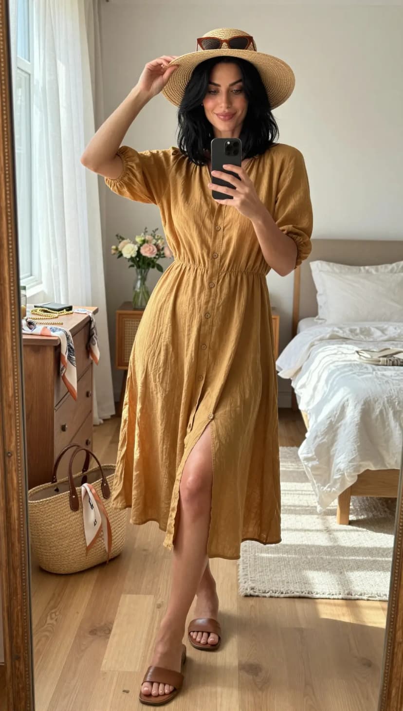 Mustard Linen Button-Up Midi Dress + Straw Sun Hat + Brown Leather Slides