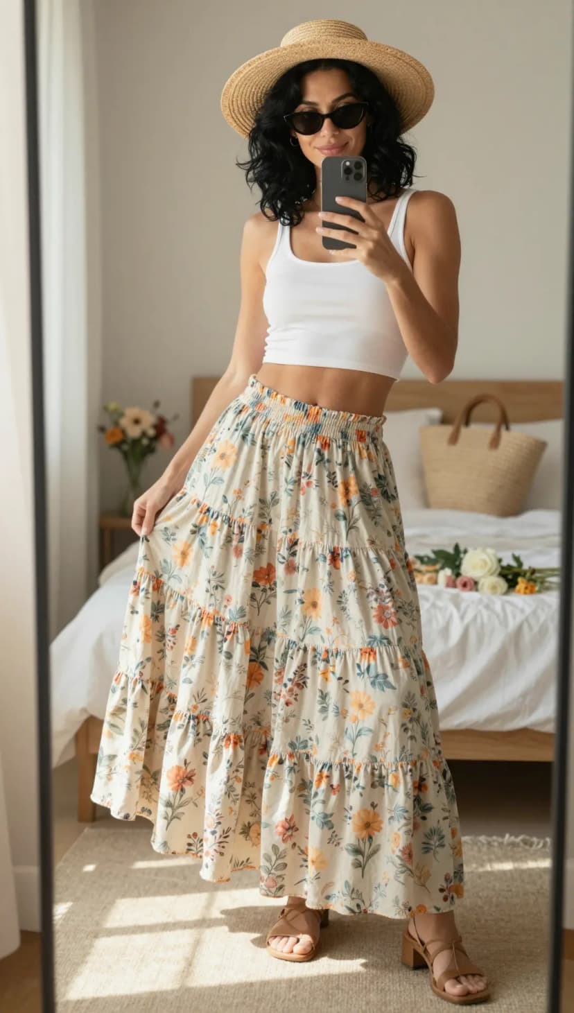 White Ribbed Tank Top + Cream Floral Tiered Maxi Skirt