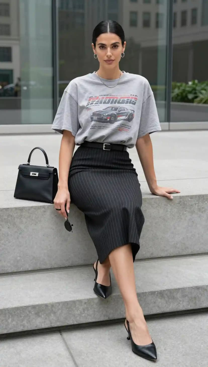Grey Graphic Tee + Pinstripe Pencil Skirt + Black Slingbacks