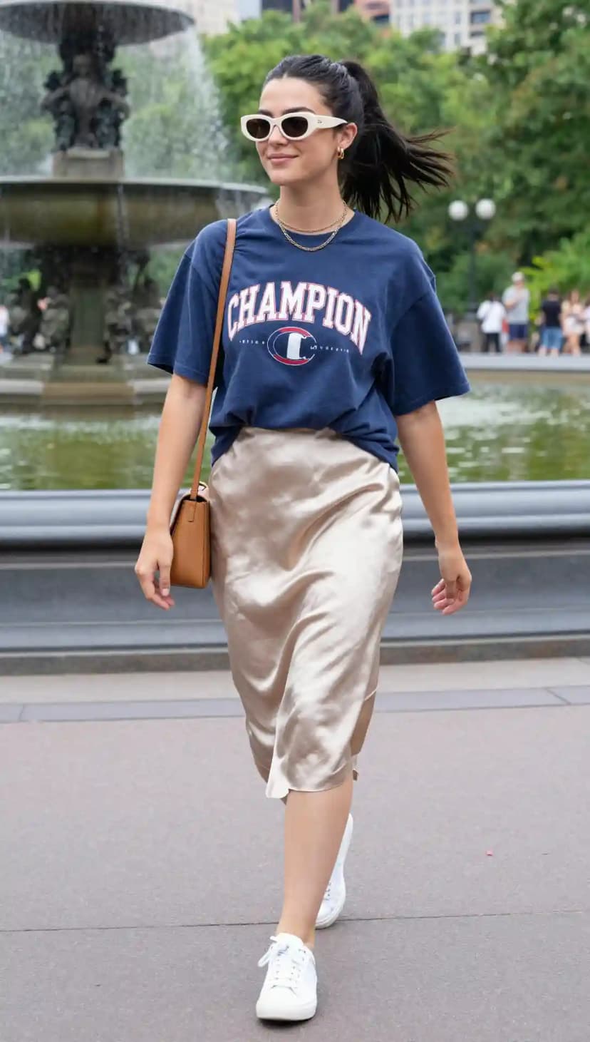 Navy Champion Tee + Champagne Satin Midi Skirt + White Sneakers