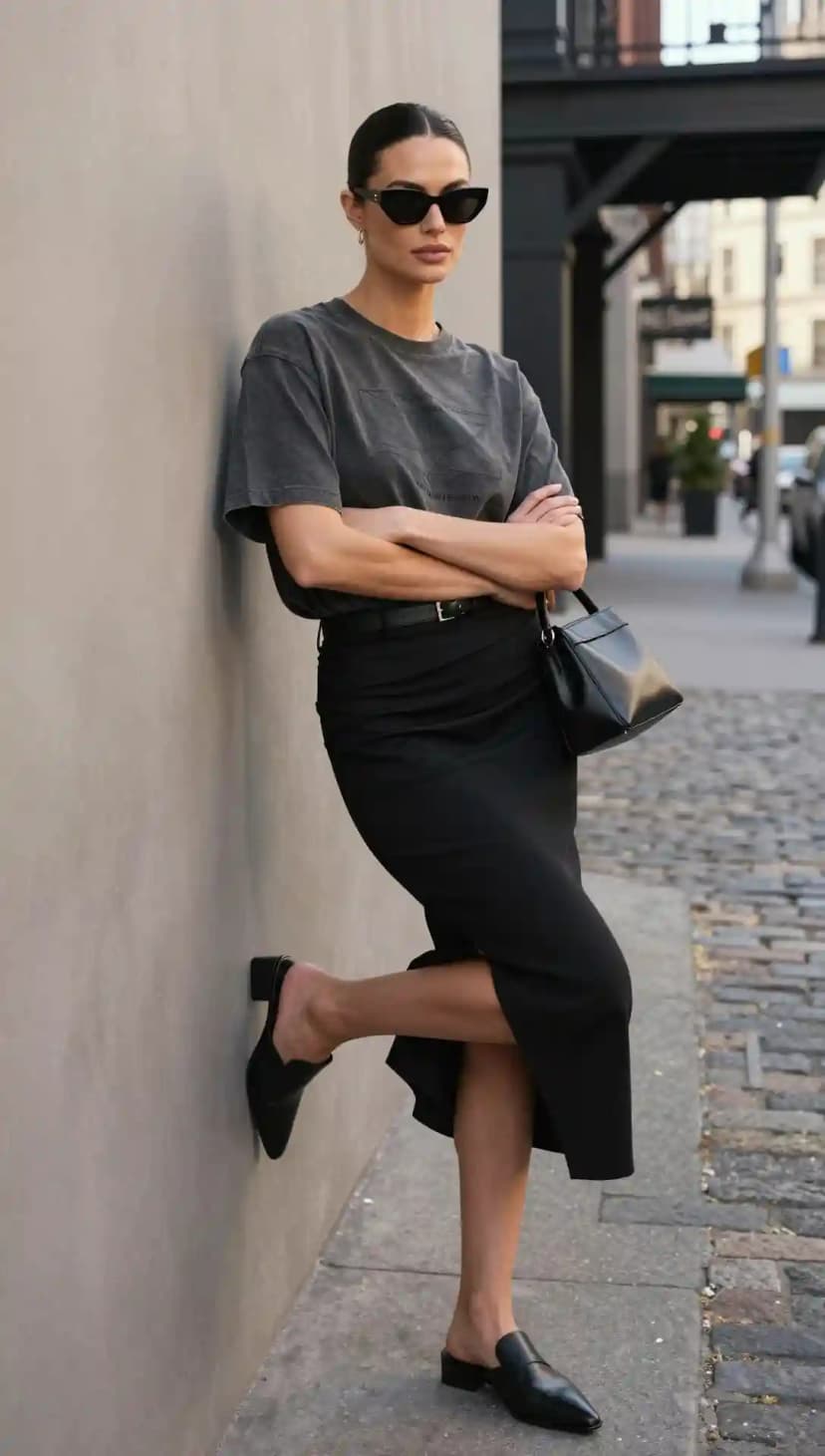 Grey Oversized Tee + Black Wrap Midi Skirt + Black Mules