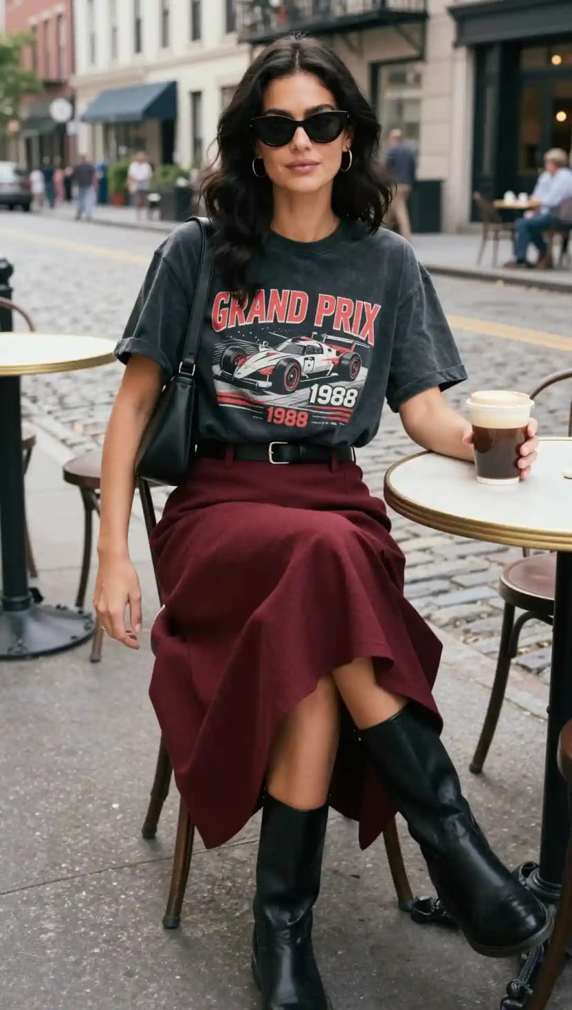 Charcoal Graphic Tee + Burgundy Midi Skirt + Black Boots