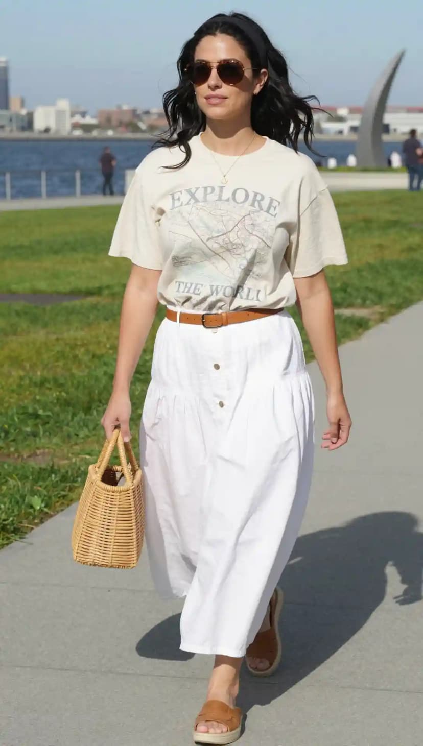 Cream Graphic Tee + White Midi Skirt + Brown Belt