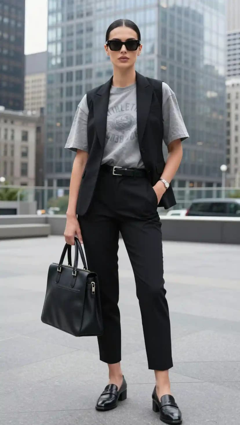 Grey Graphic Tee + Black Vest + Black Trousers + Black Loafers