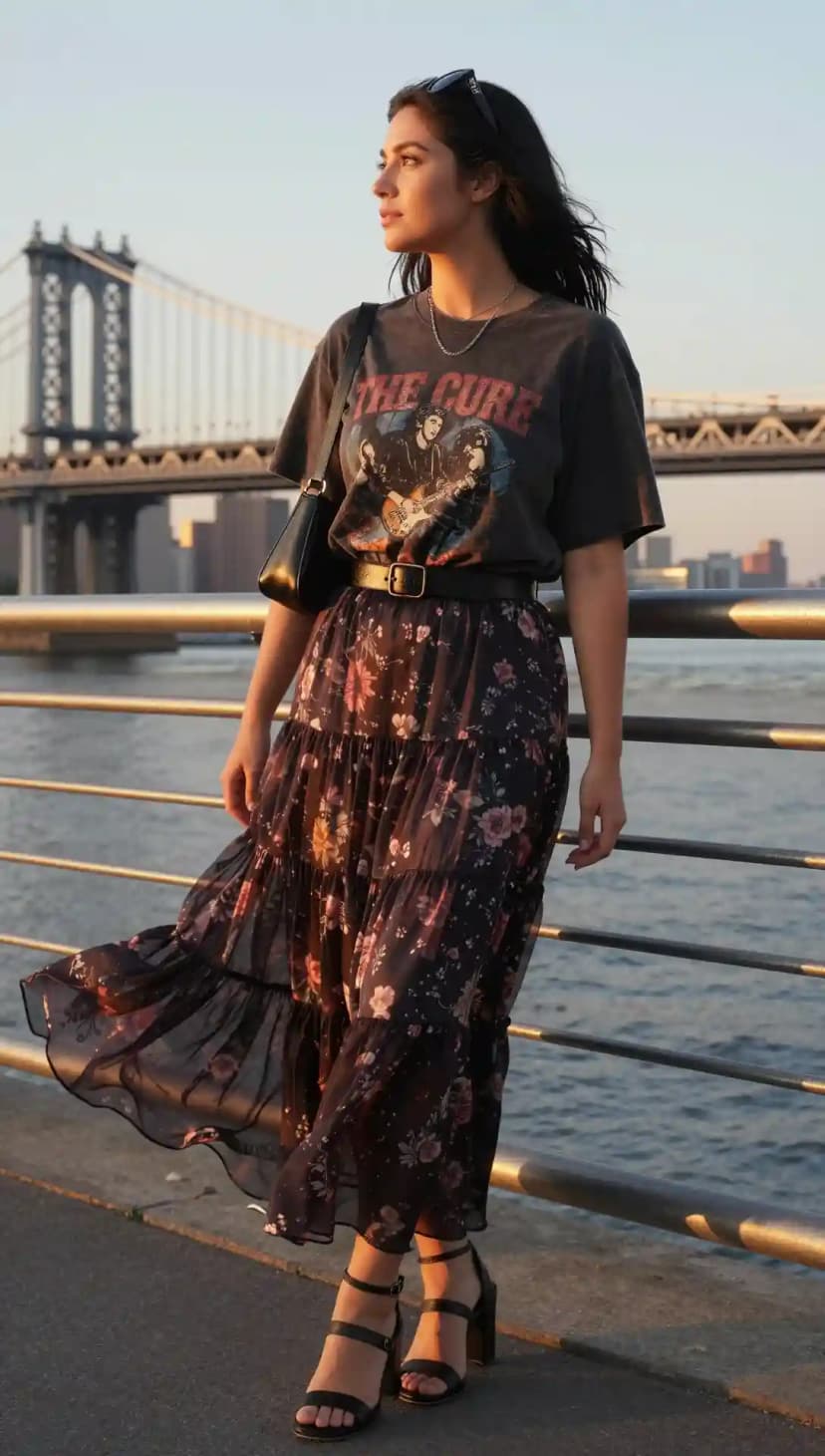 Charcoal Band Tee + Floral Maxi Skirt + Black Strappy Heels