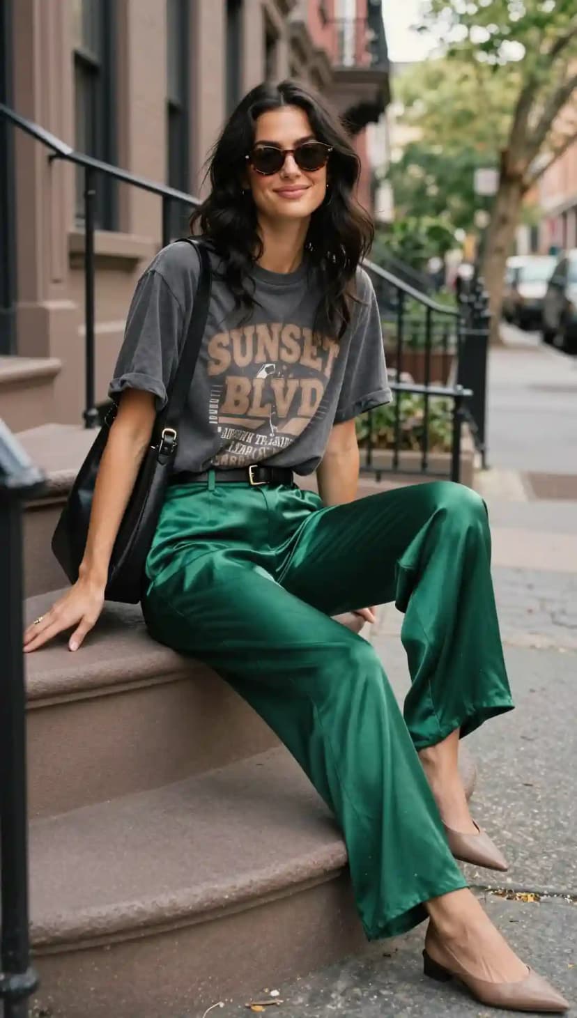 Grey Graphic Tee + Emerald Green Satin Pants + Nude Pointed Flats