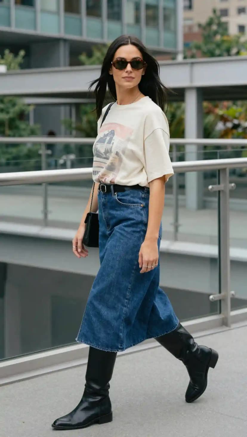Cream Graphic Tee + Denim Midi Skirt + Black Boots