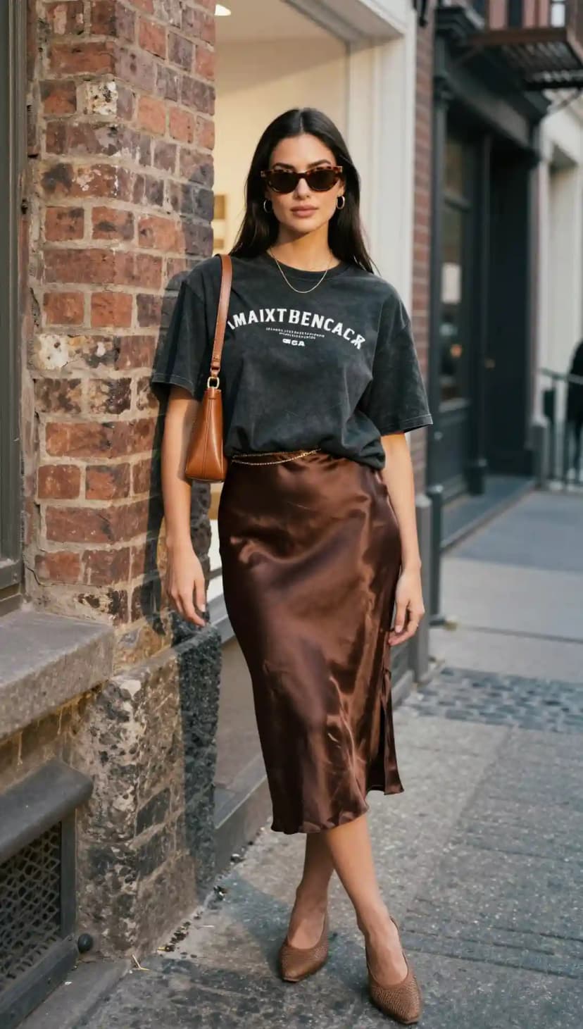 Charcoal Graphic Tee + Brown Satin Midi Skirt + Brown Woven Heels