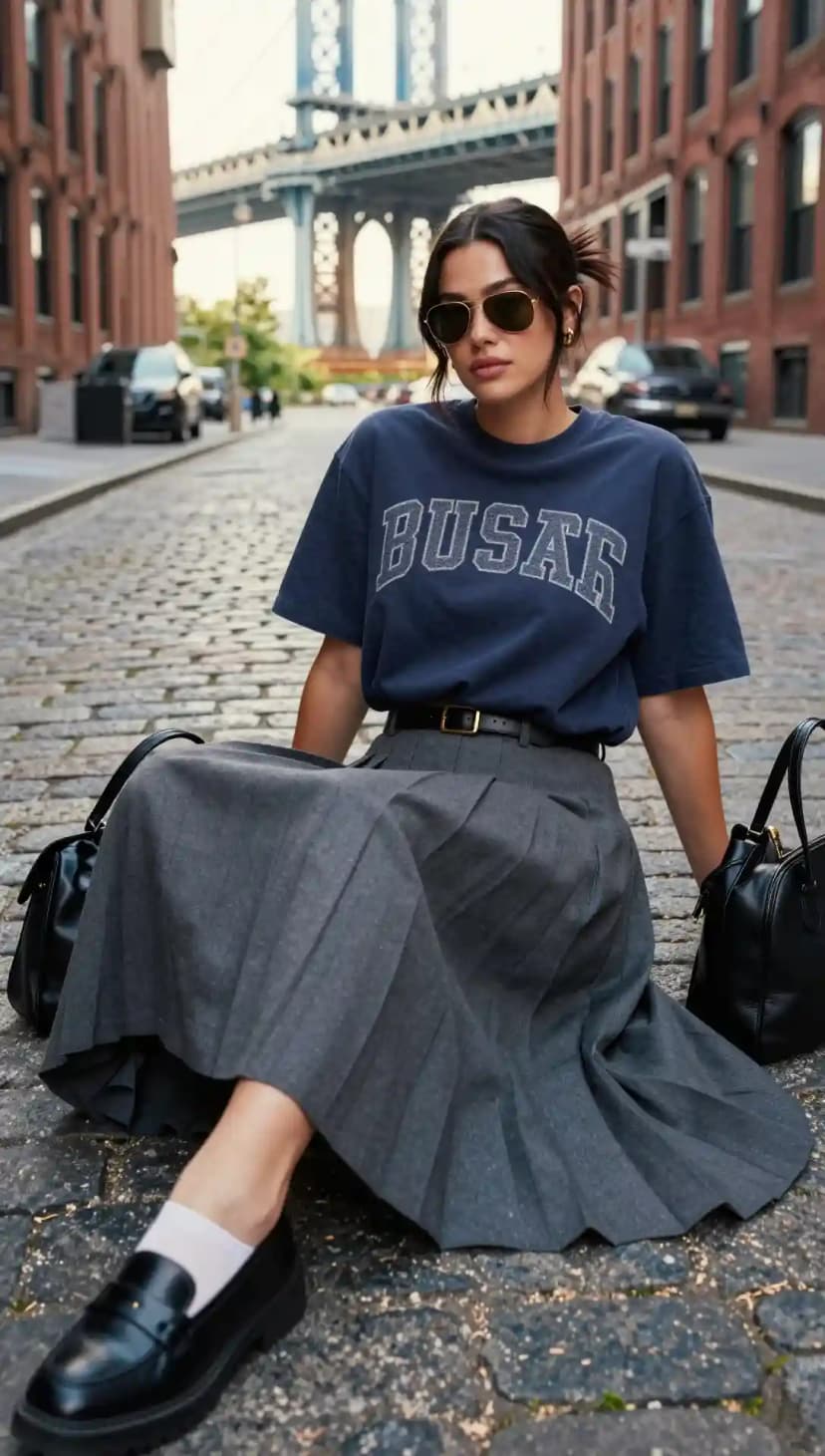 Navy Graphic Tee + Grey Pleated Midi Skirt + Black Loafers
