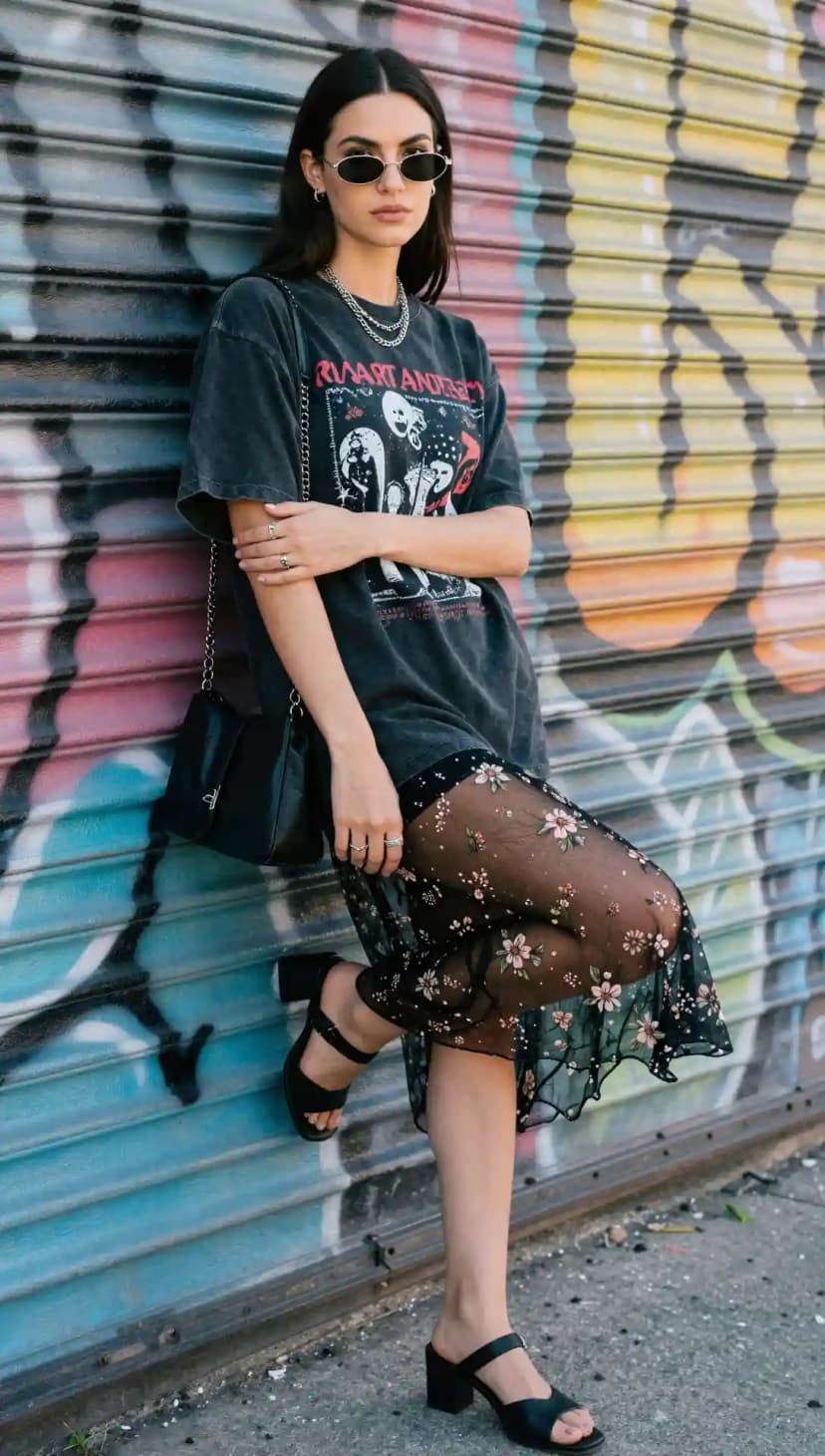Black Band Tee + Floral Mesh Skirt + Black Block Heels