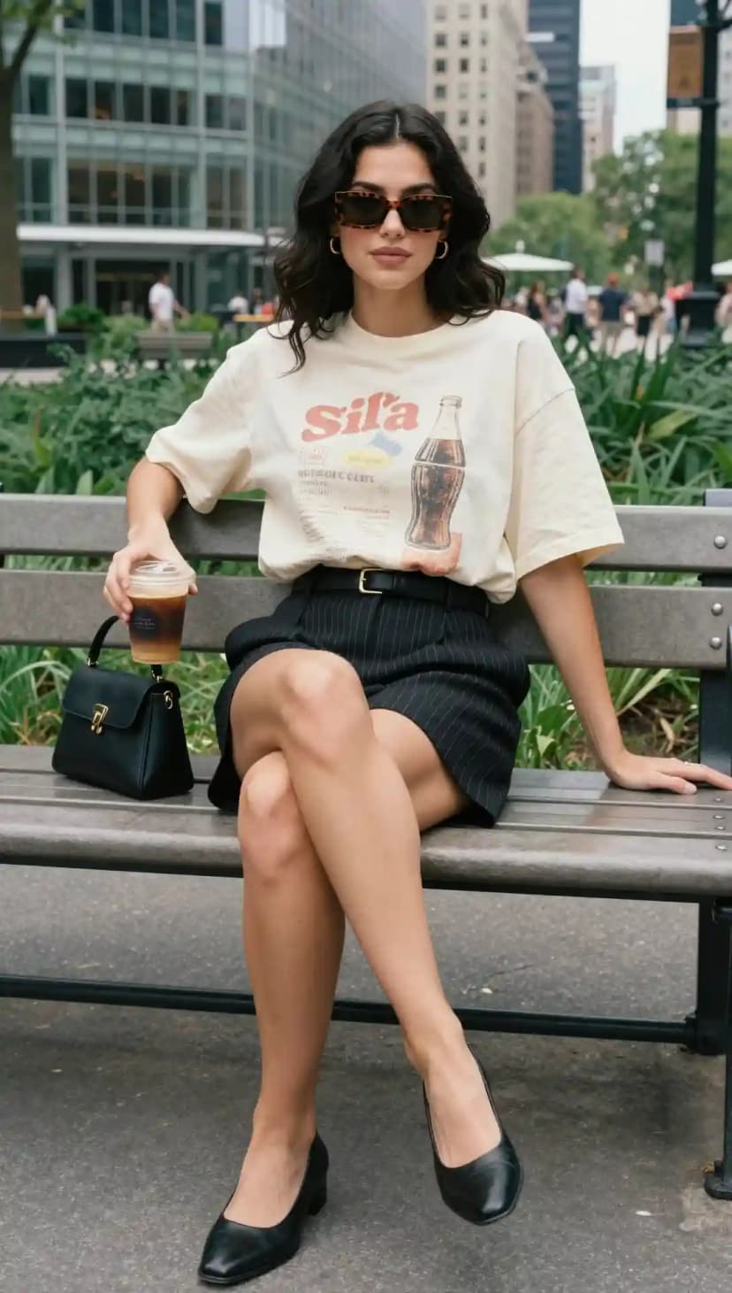 Cream Graphic Tee + Pinstripe Shorts + Black Pointed Flats