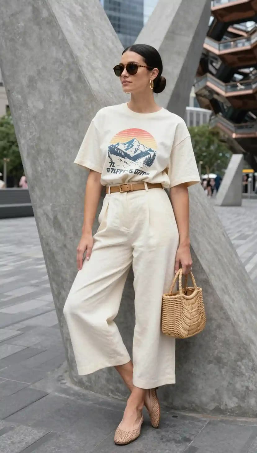 Cream Oversized Graphic Tee + Cream Wide-Leg Pants + Tan Belt
