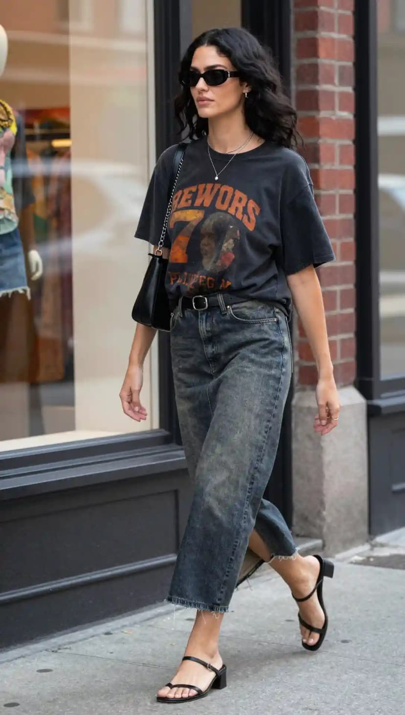 Black Oversized Graphic Tee + Dark Wash Denim Maxi Skirt + Black Belt