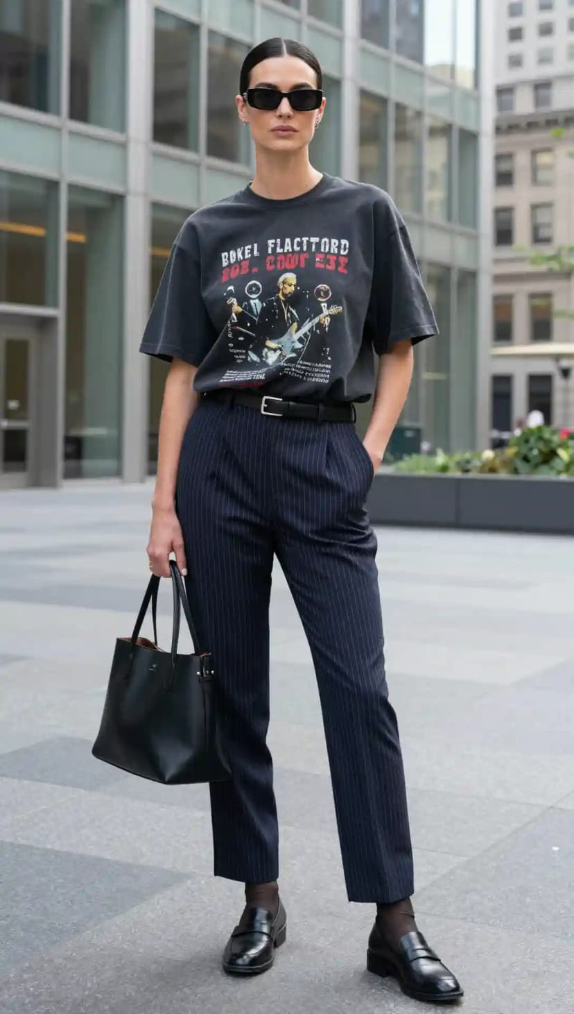 Dark Grey Graphic Tee + Black Pinstripe Trousers + Black Loafers