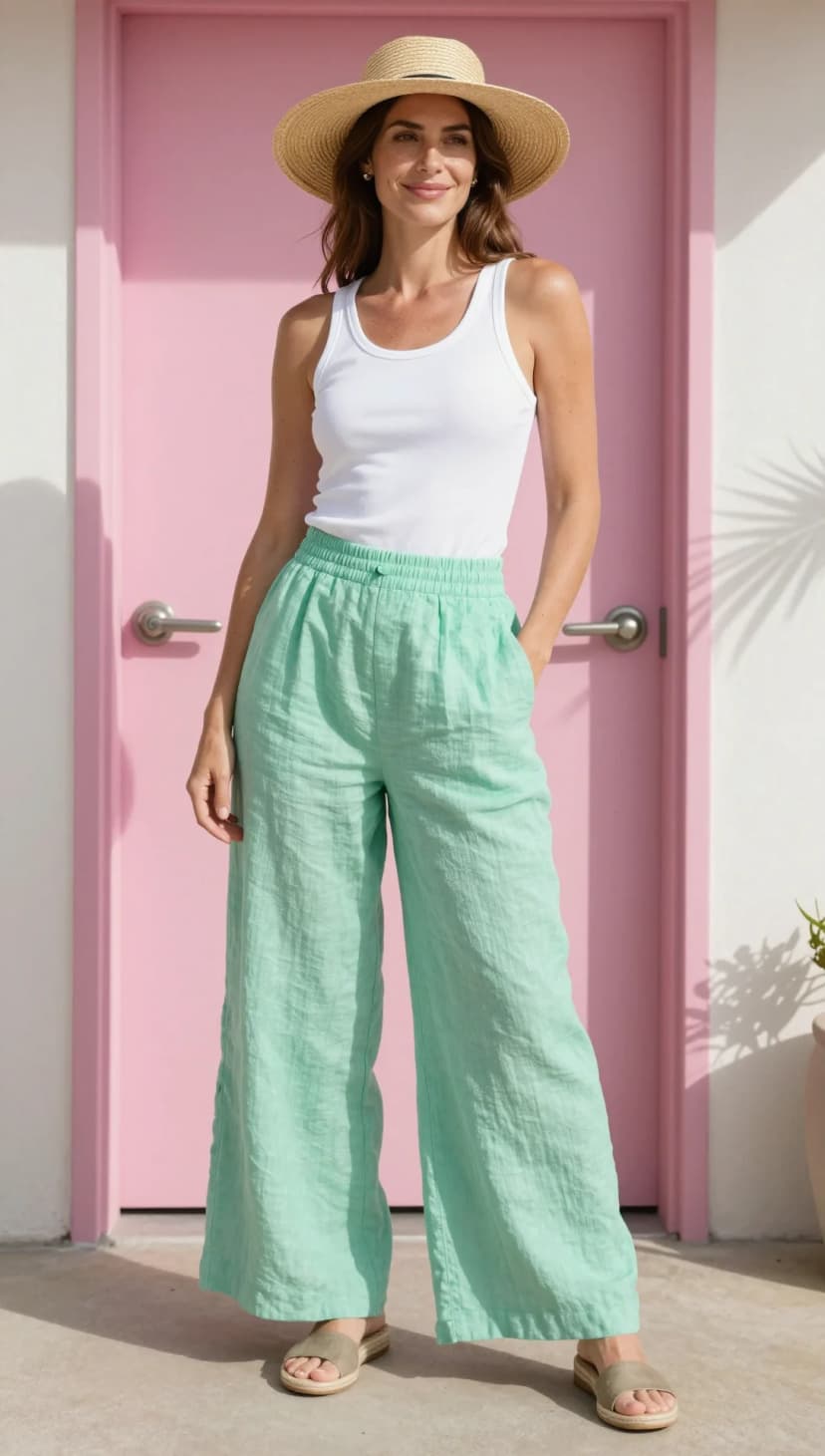White Ribbed Tank Top + Mint Linen Wide-Leg Pants + Natural Straw Hat