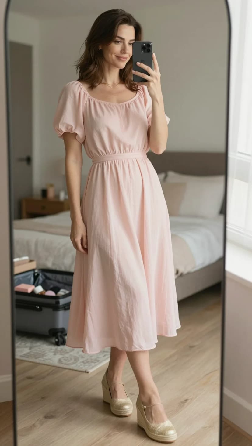 Pink Cotton Puff Sleeve Midi Dress + Gold Espadrille Wedges