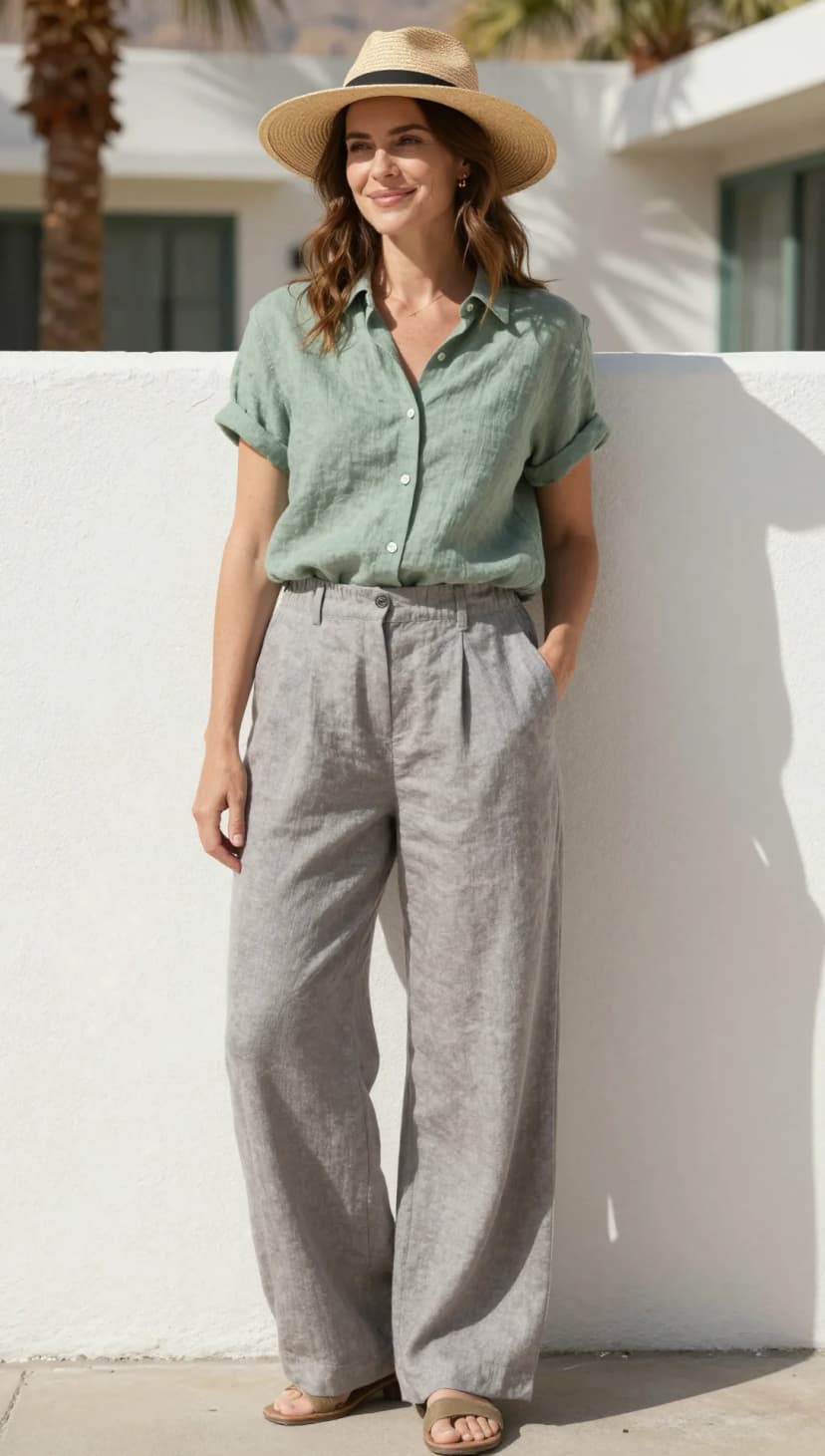 Sage Linen Button-Up Shirt + Grey Linen Wide-Leg Trousers + Straw Fedora