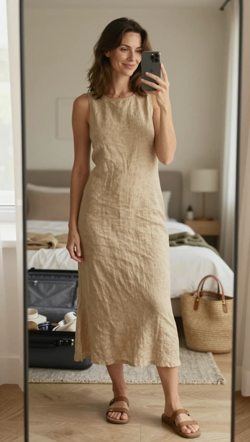 Beige Linen Tank Dress + Brown Leather Slides