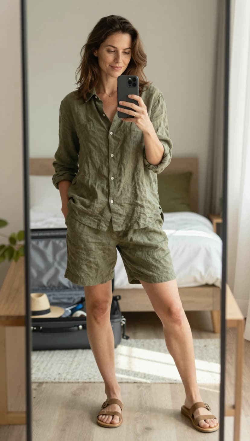 Olive Linen Button-Up Shirt + Olive Linen Shorts + Tan Slide Sandals