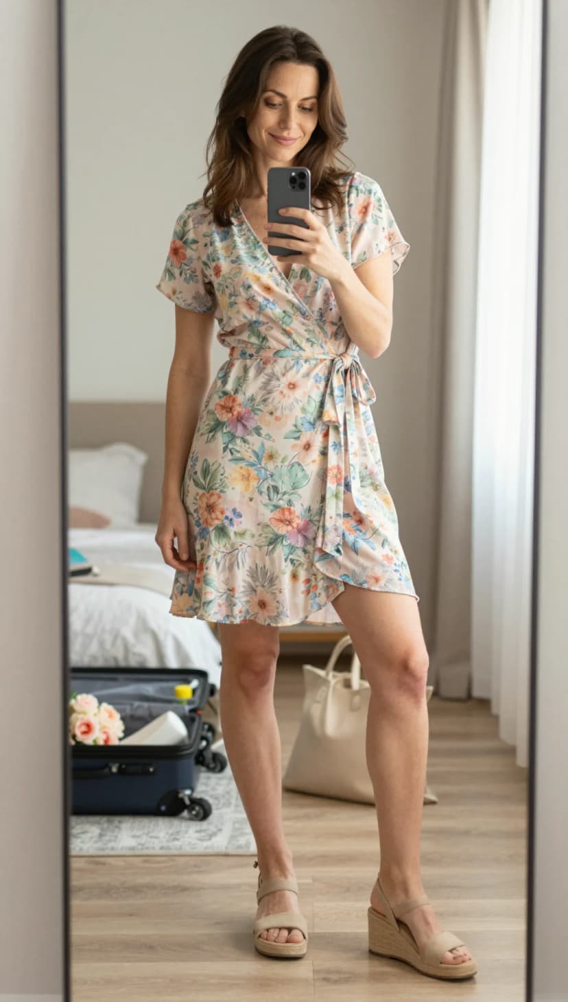 Cream Floral Print Chiffon Wrap Dress + Beige Espadrille Wedge Sandals