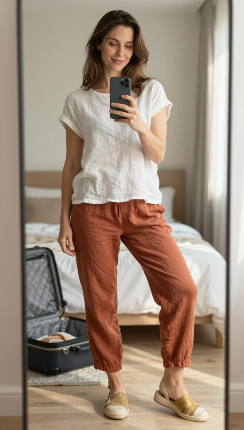 White Linen T-Shirt + Terracotta Linen Trousers + Gold Espadrille Sandals