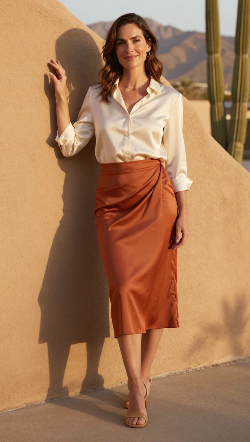 Cream Satin Button-Up Shirt + Burnt Orange Satin Wrap Skirt + Tan Suede Block Heels