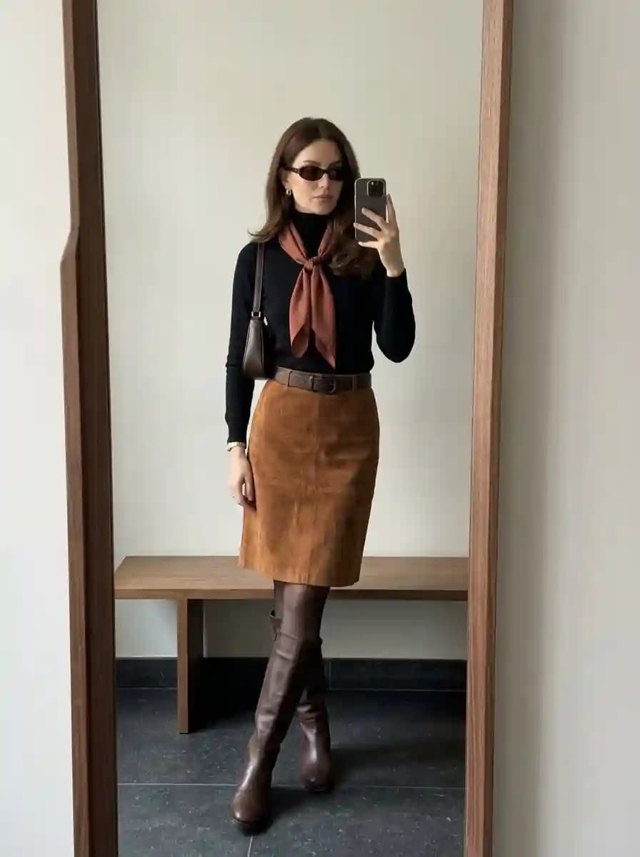 Black turtleneck sweater with cognac brown suede pencil skirt and dark brown knee-high boots