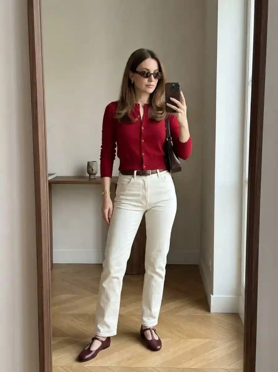 Deep red cardigan with off-white straight-leg jeans and burgundy Mary Jane flats