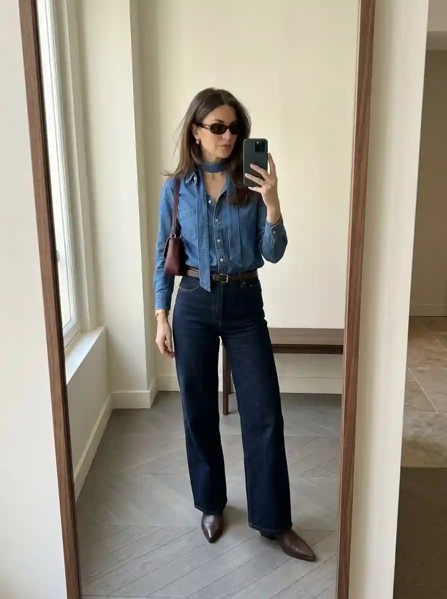 Medium-wash denim button-down shirt with dark indigo wide-leg jeans and a denim neck scarf