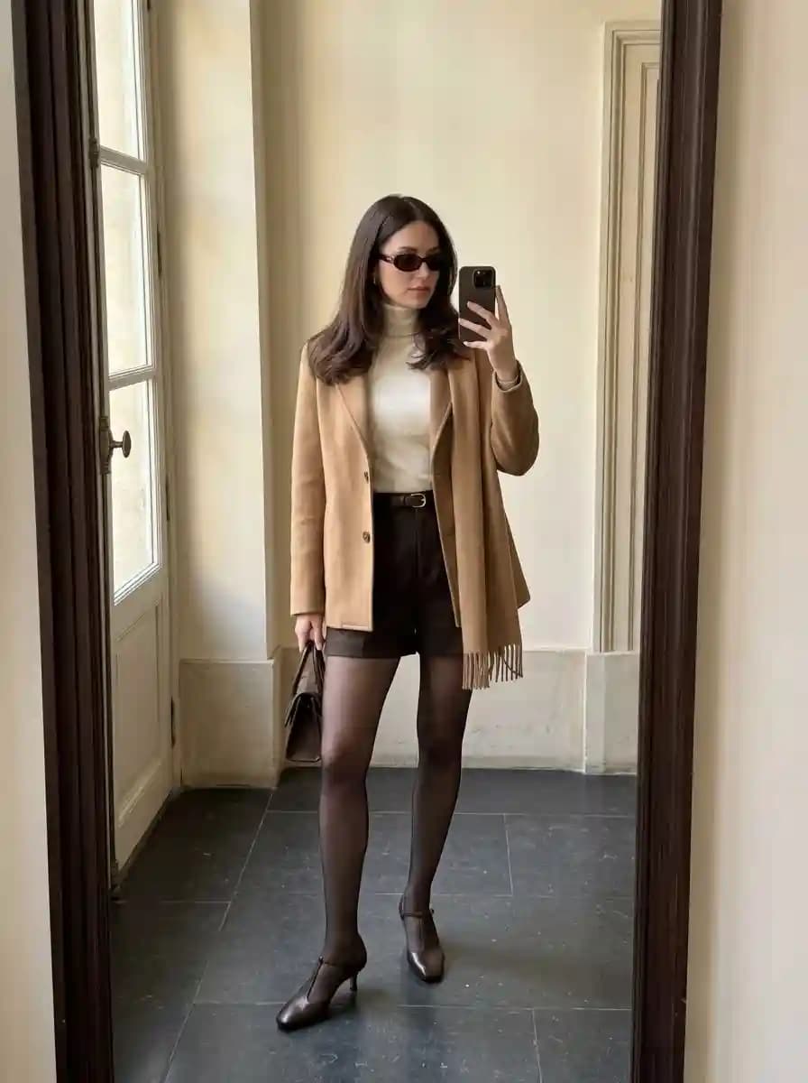 Cream turtleneck sweater with chocolate brown tailored shorts and camel wool coat
