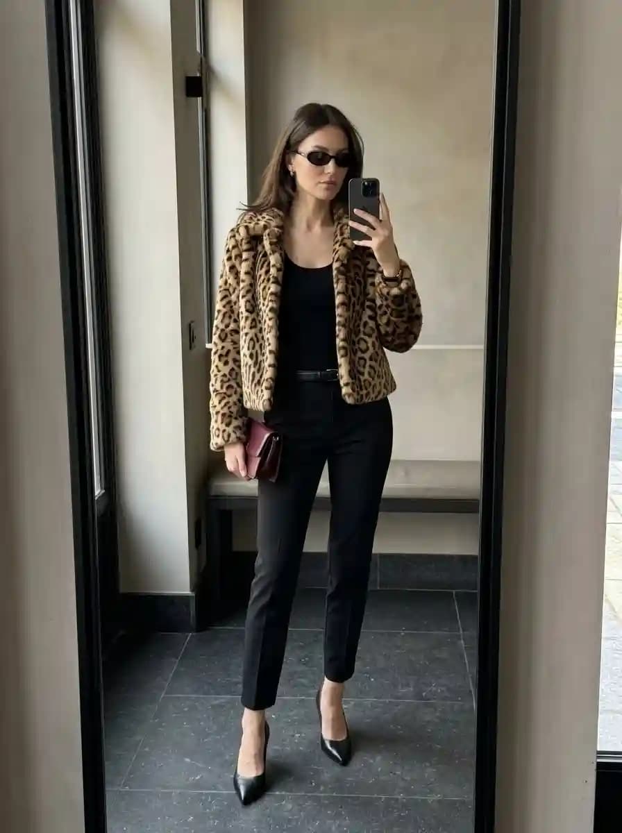 All-black base with cropped faux-fur leopard print coat and black stiletto pumps