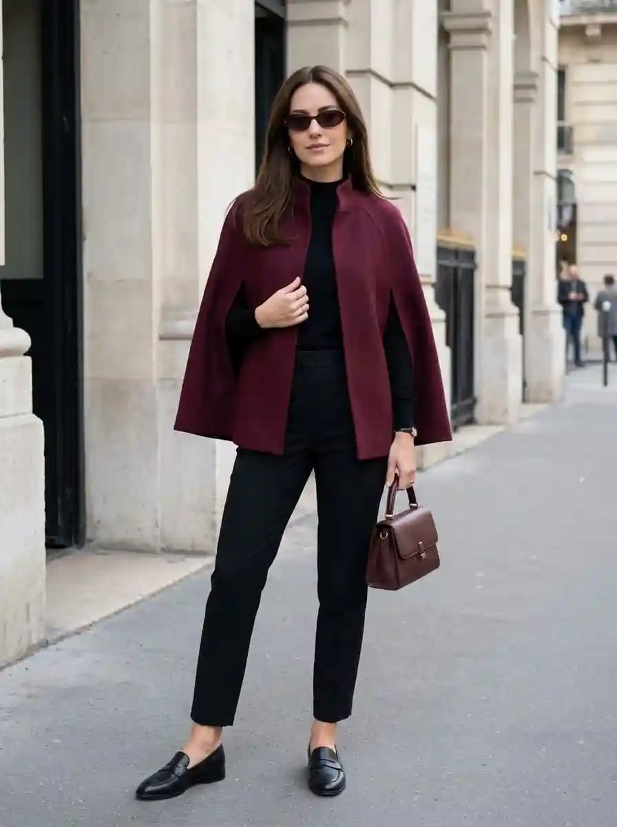 Black turtleneck with slim black trousers and structured burgundy wool cape