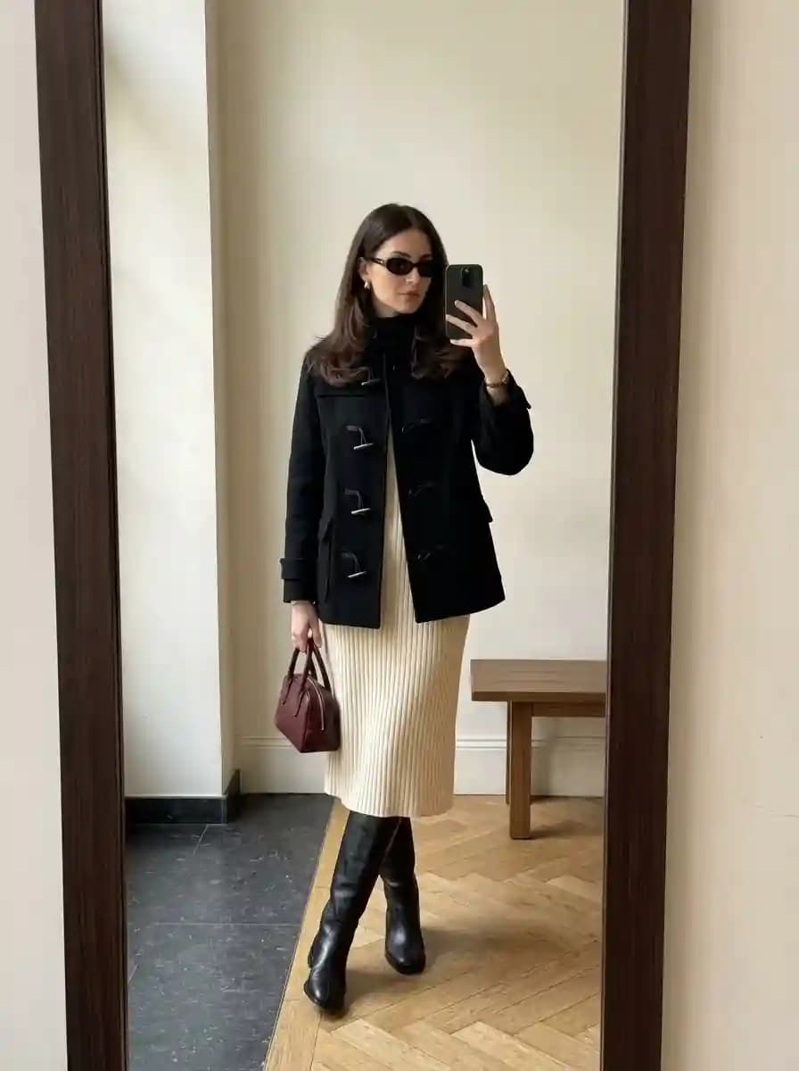 Cream ribbed knit midi dress with black duffle coat and black knee-high boots