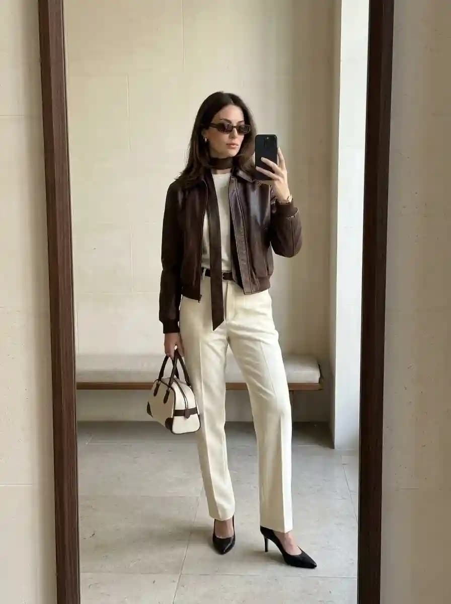 White long-sleeve top with white straight-leg trousers and chocolate brown leather bomber jacket