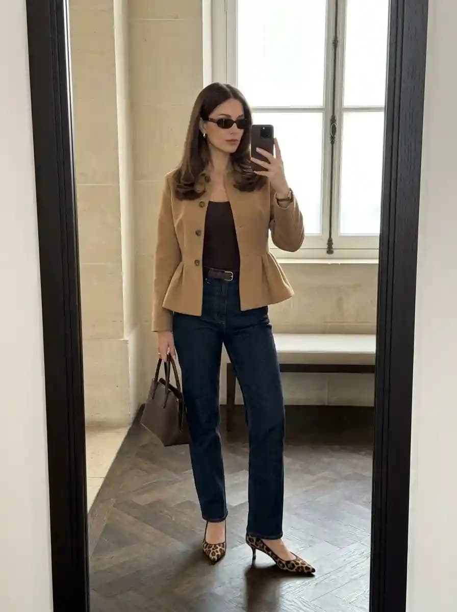 Dark brown top with camel peplum blazer and dark indigo straight-leg jeans