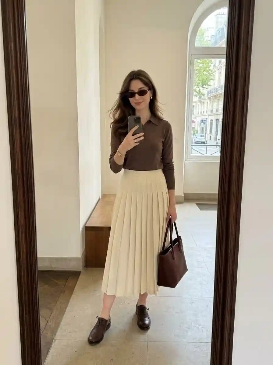 Brown fitted polo knit top with cream accordion-pleated midi skirt and brown lace-up Oxford shoes