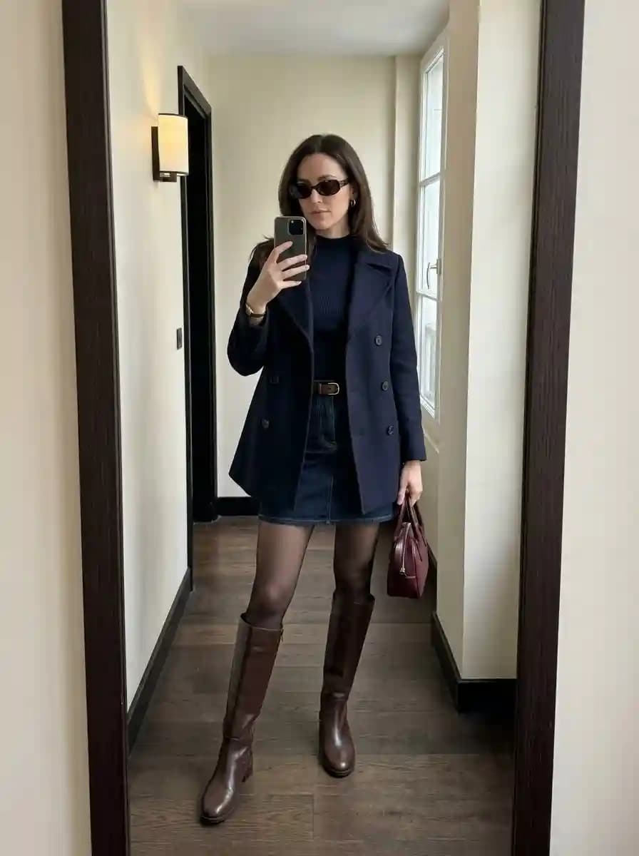 Navy ribbed turtleneck with dark indigo denim mini skirt and navy double-breasted peacoat