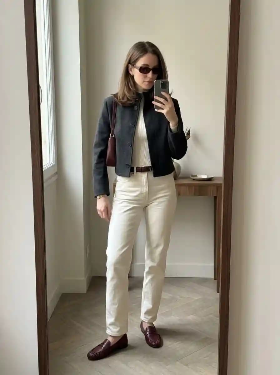 Cream ribbed knit top with off-white straight-leg jeans and dark charcoal cropped jacket