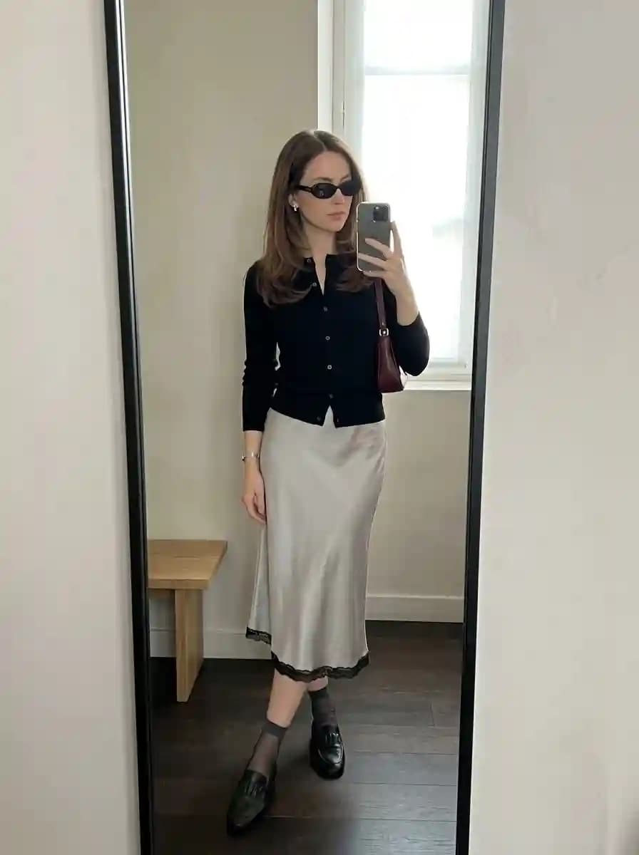 Black fitted button-front cardigan with silver satin slip skirt and black chunky loafers