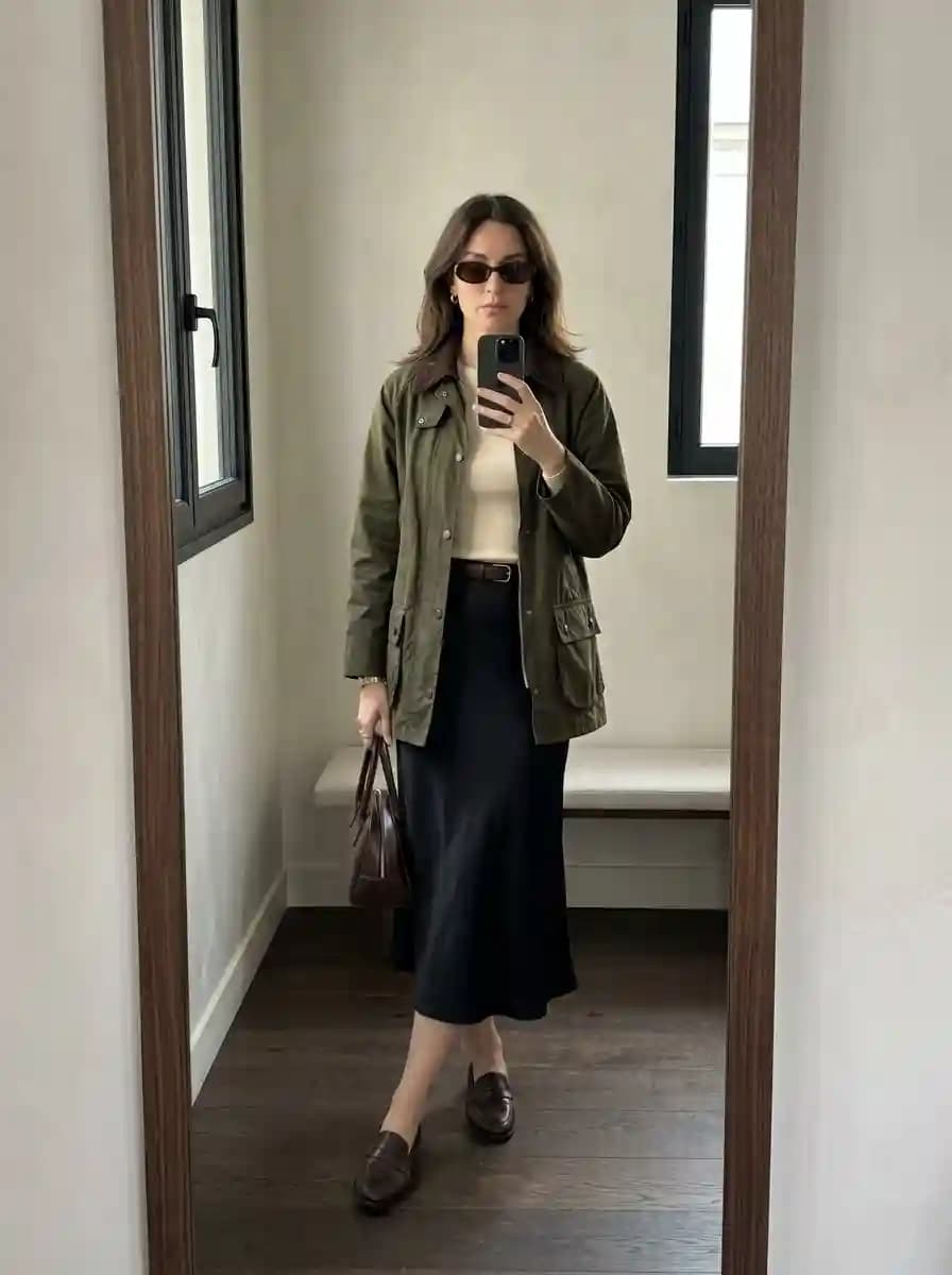 Cream fitted knit top with black satin slip skirt and olive green military field jacket