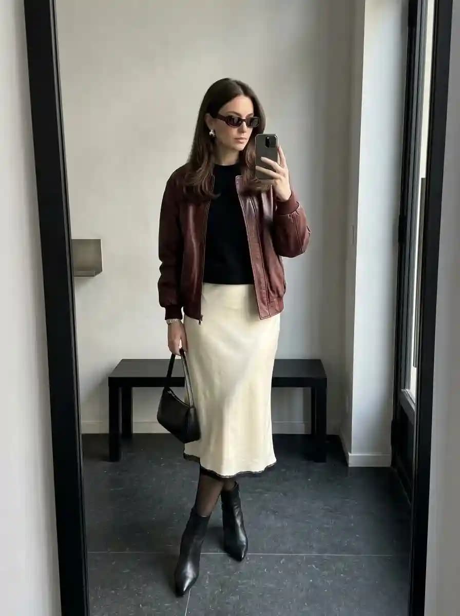 Black fitted top with cream satin slip skirt and chocolate brown leather bomber jacket