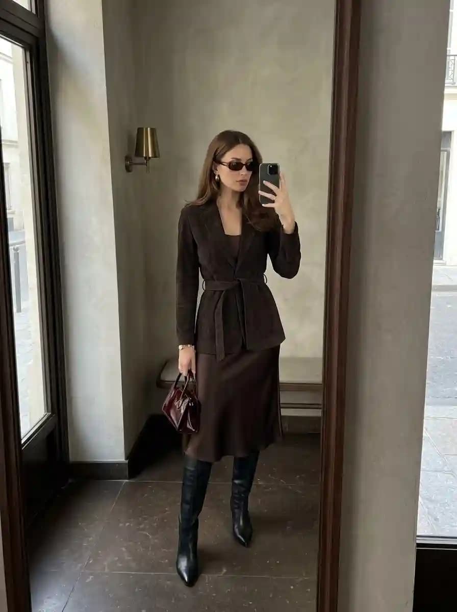 Dark chocolate brown knit midi dress with matching brown suede belted jacket