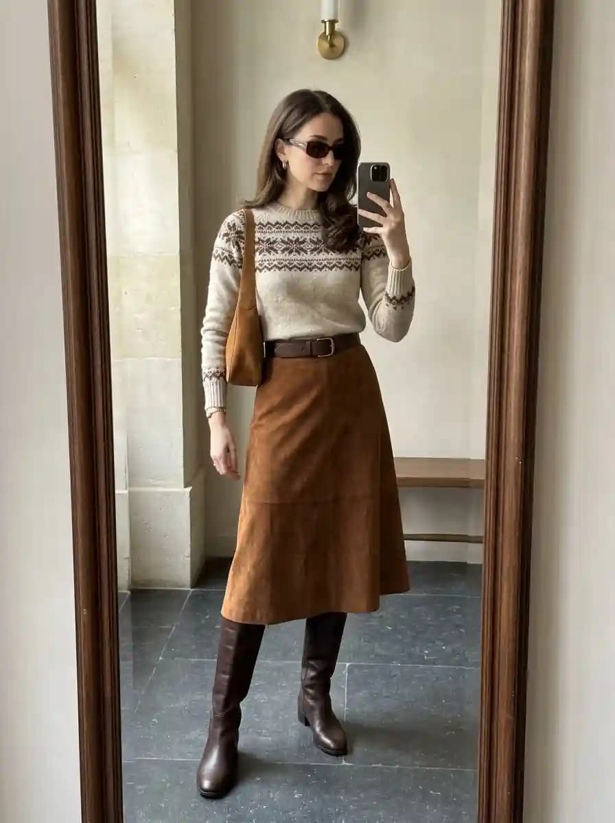 Cream Fair Isle patterned sweater with cognac brown suede A-line midi skirt