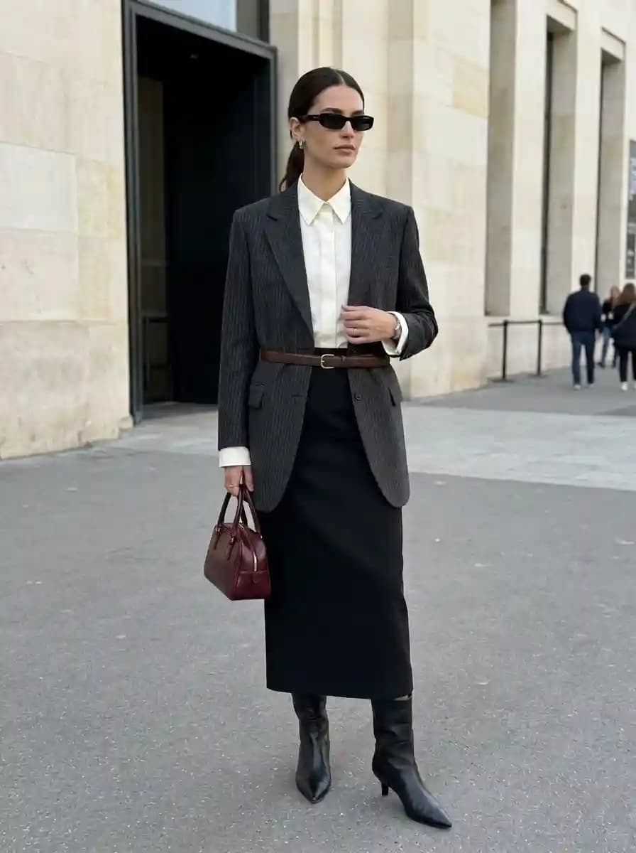 Crisp white button-down shirt with black midi pencil skirt and dark grey pinstripe blazer belted at waist