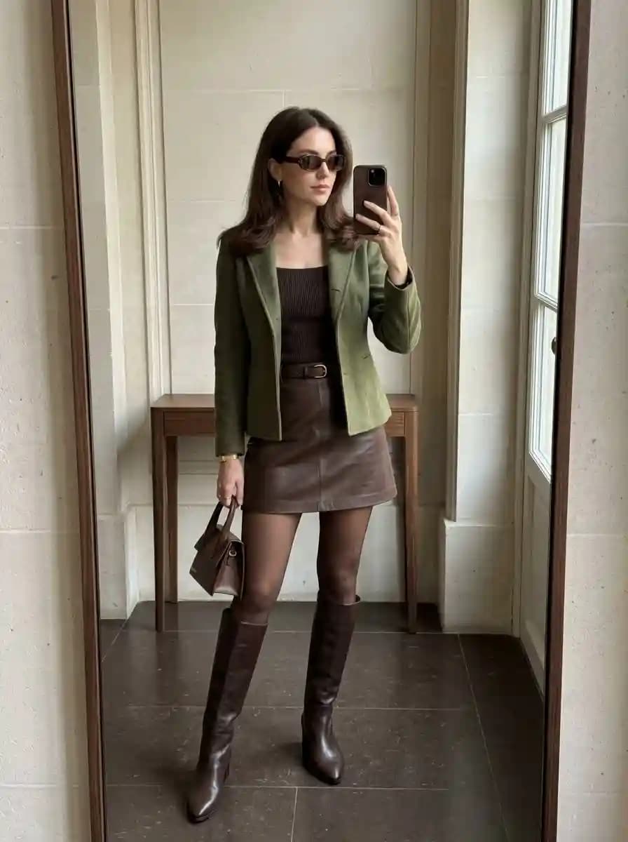 Dark brown square-neck ribbed top with olive green blazer and dark brown leather mini skirt