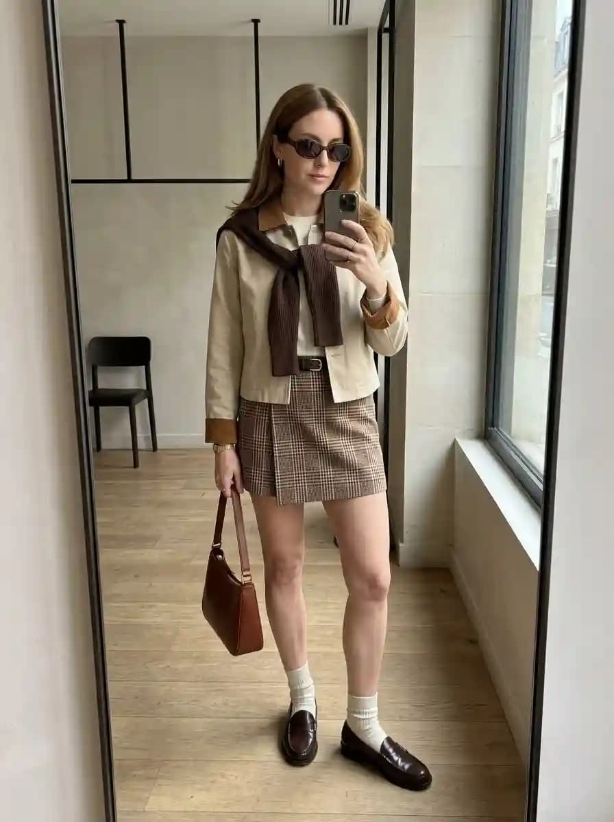 White blouse with beige jacket featuring elbow patches and brown plaid mini skirt