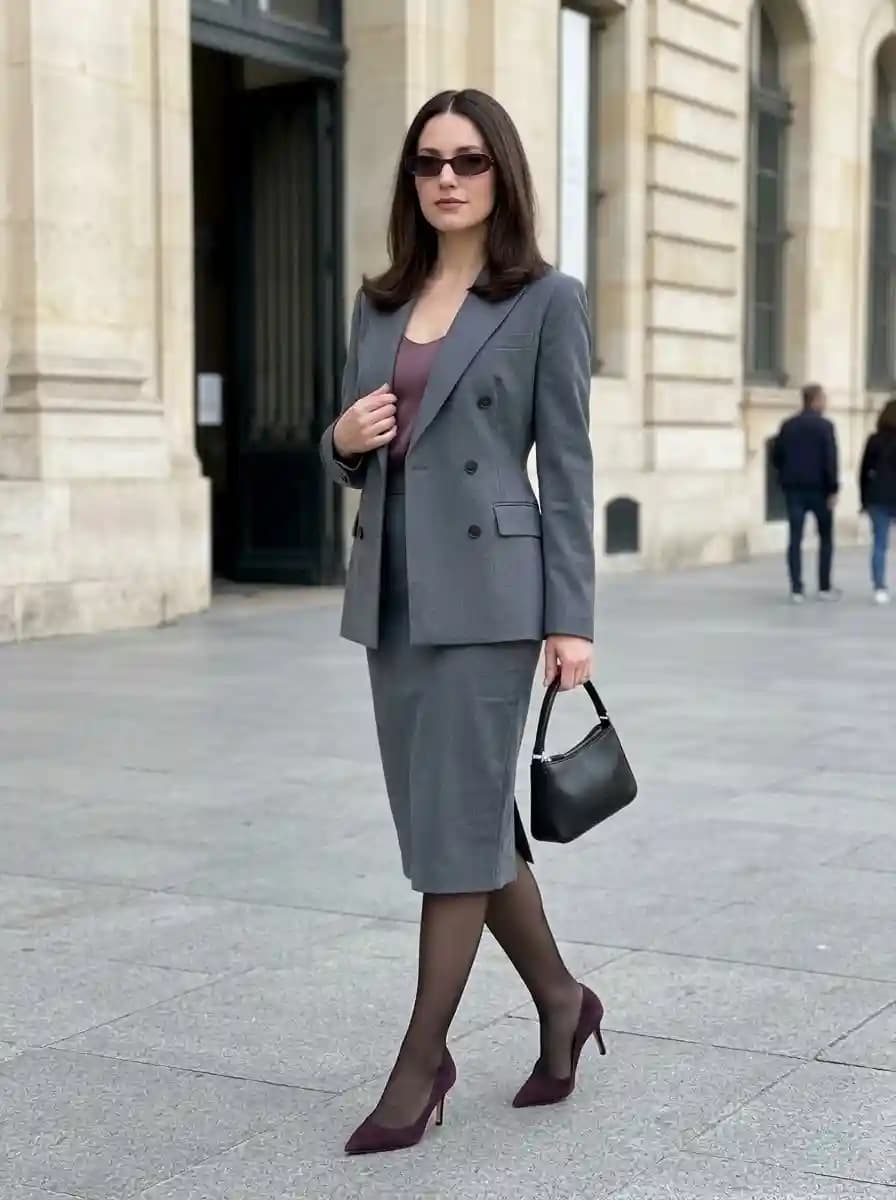 Mauve purple scoop-neck top with grey double-breasted blazer and matching grey pencil skirt