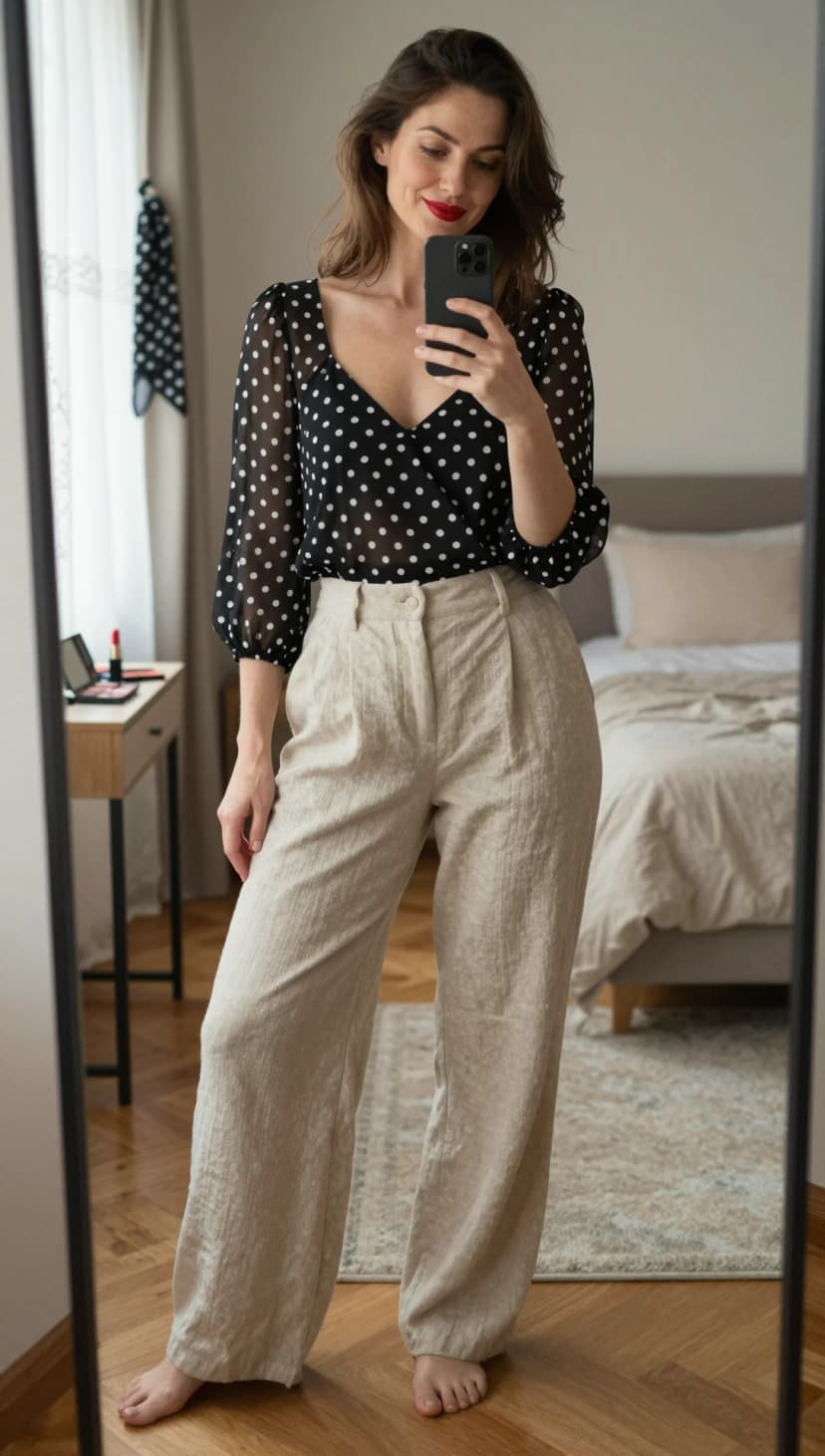 Black Polka Dot Chiffon Blouse + Beige Linen Trousers