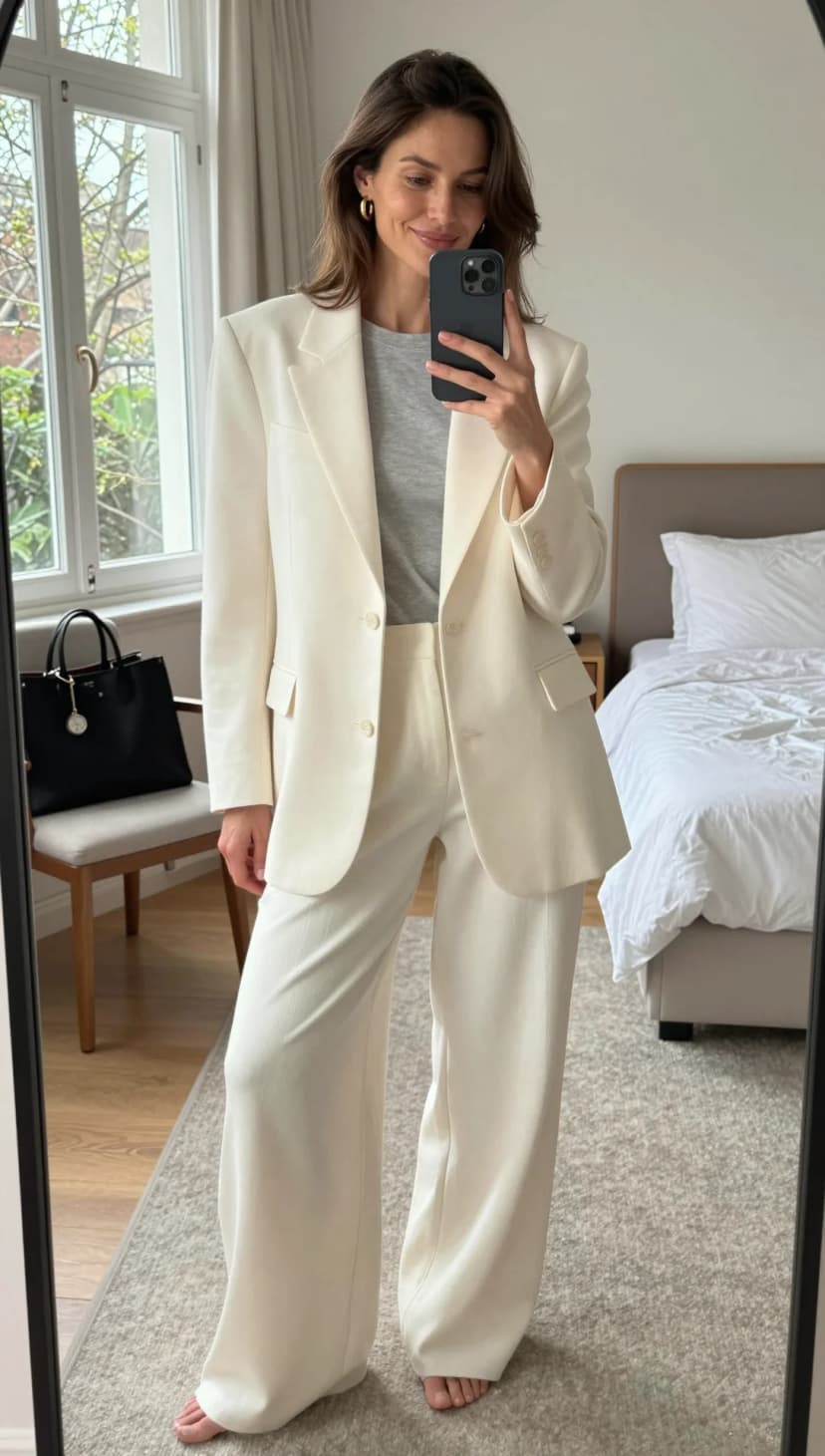 Cream Linen Blazer + Grey Cotton T-Shirt + Cream Linen Trousers