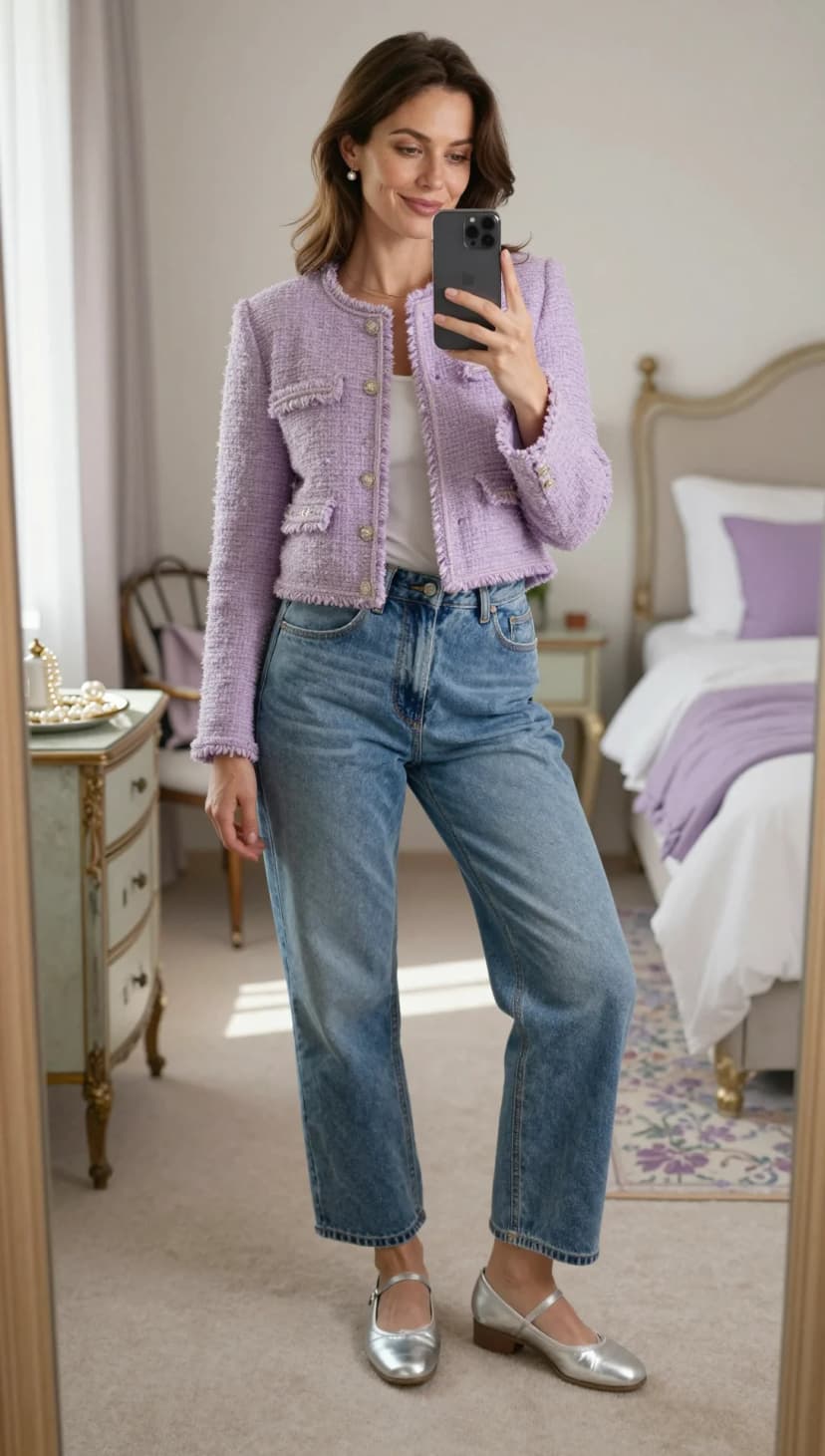 Lavender Tweed Cropped Jacket + Light Wash Wide-Leg Jeans + Silver Mary Janes